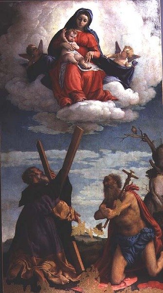 Madonna og Child in Glory med St. Andrew og St. Jerome av Lorenzo Lotto