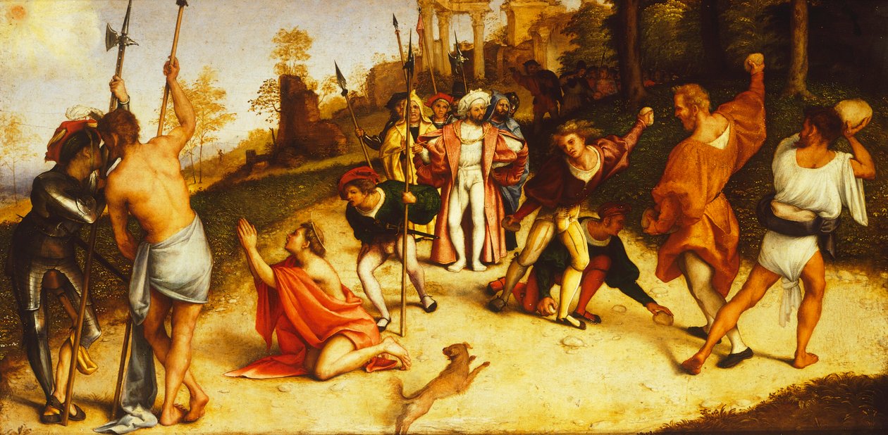 Martyrdom of St Stephen, deling av Martinengo altertavle av Lorenzo Lotto (1480 ca. 1556), olje på panel, 51x97 cm, ca. 1516 av Lorenzo Lotto