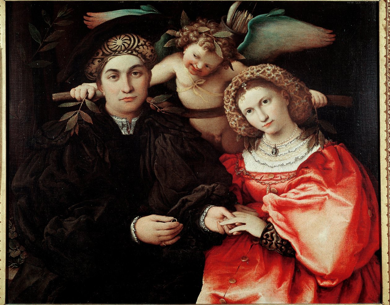 Mester Marsilio (Marsilio Cassotti) og hans kone (Faustina) Olje på tre av Lorenzo Lotto (ca. 1480-1556) 1523 Dim. 71x84 cm Madrid, Musee du Prado- Portretter av Marsilio Cassotti og hans kone Faustina. Maleri av Lorenzo Lotto (1480-1556). Olje på tre, 71 av Lorenzo Lotto