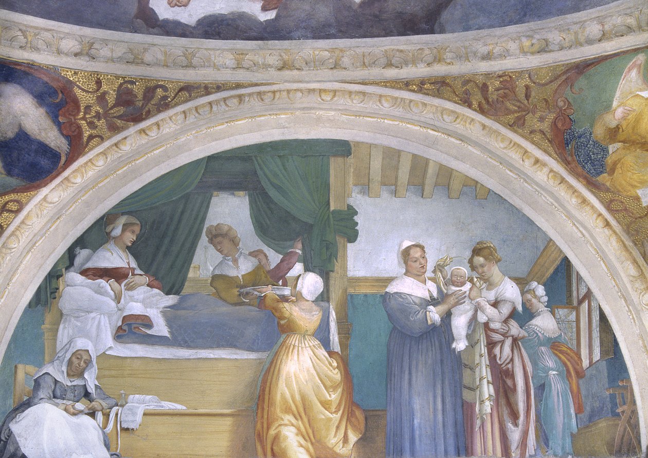 Jomfruens fødsel, lunette fra Lotto-kapellet, 1525 av Lorenzo Lotto