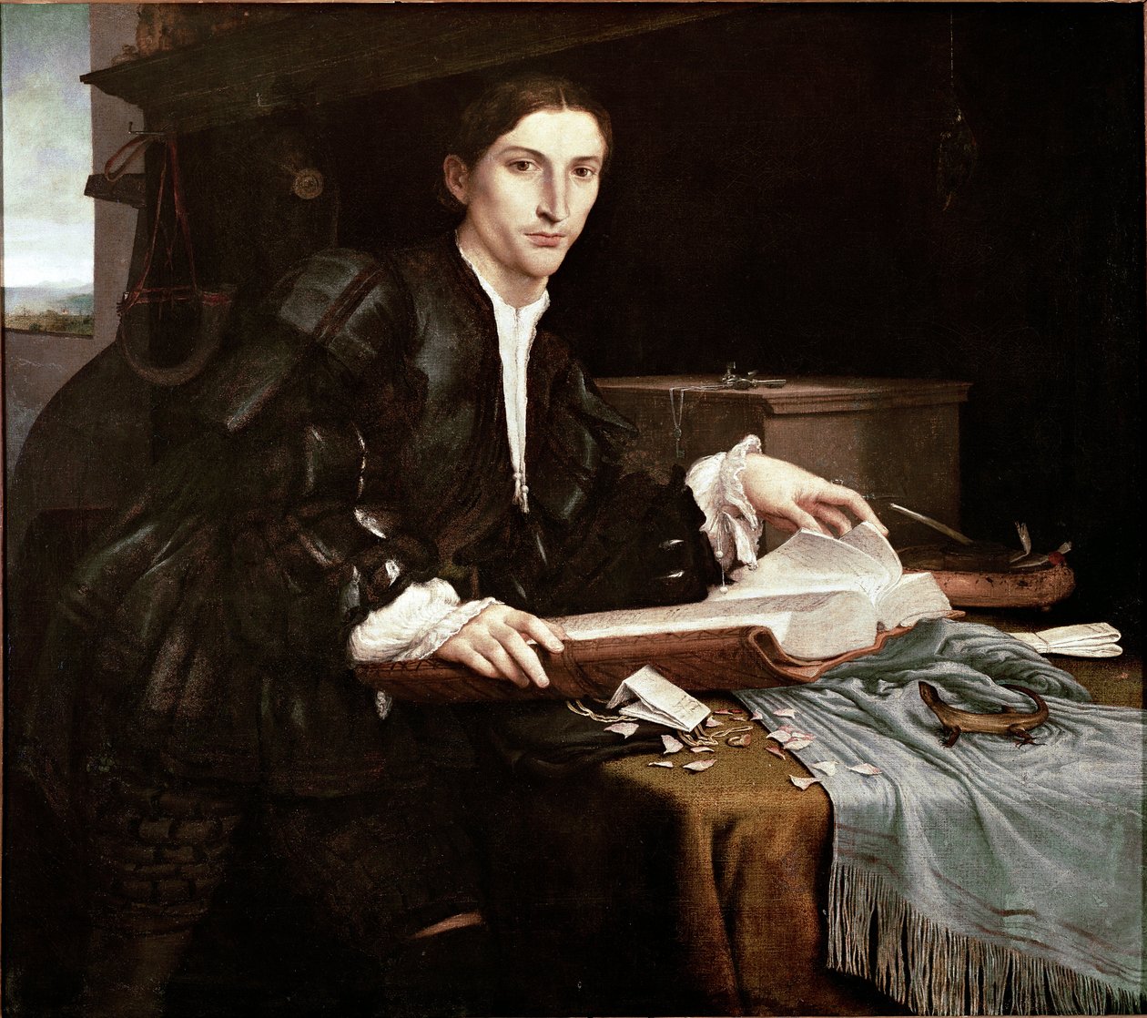 Portrett av en gentleman på kontoret hans (olje på lerret av Lorenzo Lotto