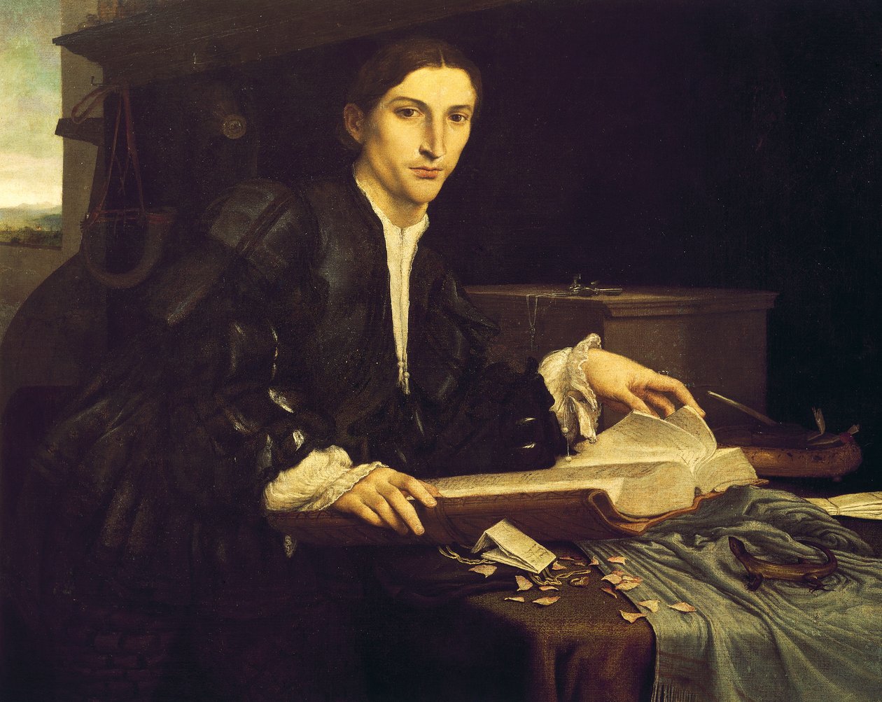 Portrett av en ung herre i studioet hans av Lorenzo Lotto