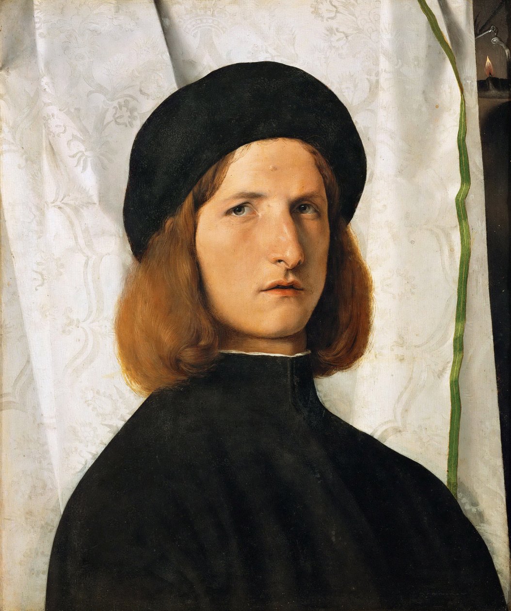 Renessanse: Portrett av en ung mann mot et hvitt gardin par Lotto, Lorenzo (1480-1556), ca. 1508. Olje på tre, 42,3x35,3. Kunsthistorisk museum, Vienne av Lorenzo Lotto