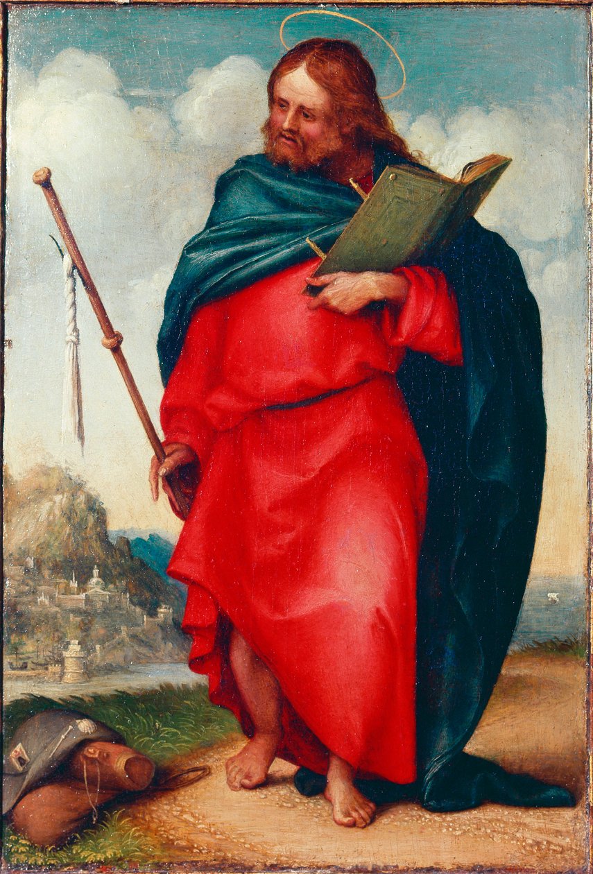 Representasjon av Saint James the Pelerin Dette er Saint James the Major eller Saint James, sønn av Sebedeus. Maleri av Lorenzo Lotto (ca. 1480-1556) 1510-1512 Dim. 20x15 cm Recanati, Pinacoteca av Lorenzo Lotto