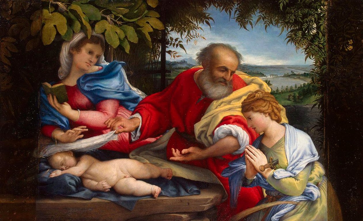 Hvil på flukten til Egypt med Saint Justina', 1529. av Lorenzo Lotto