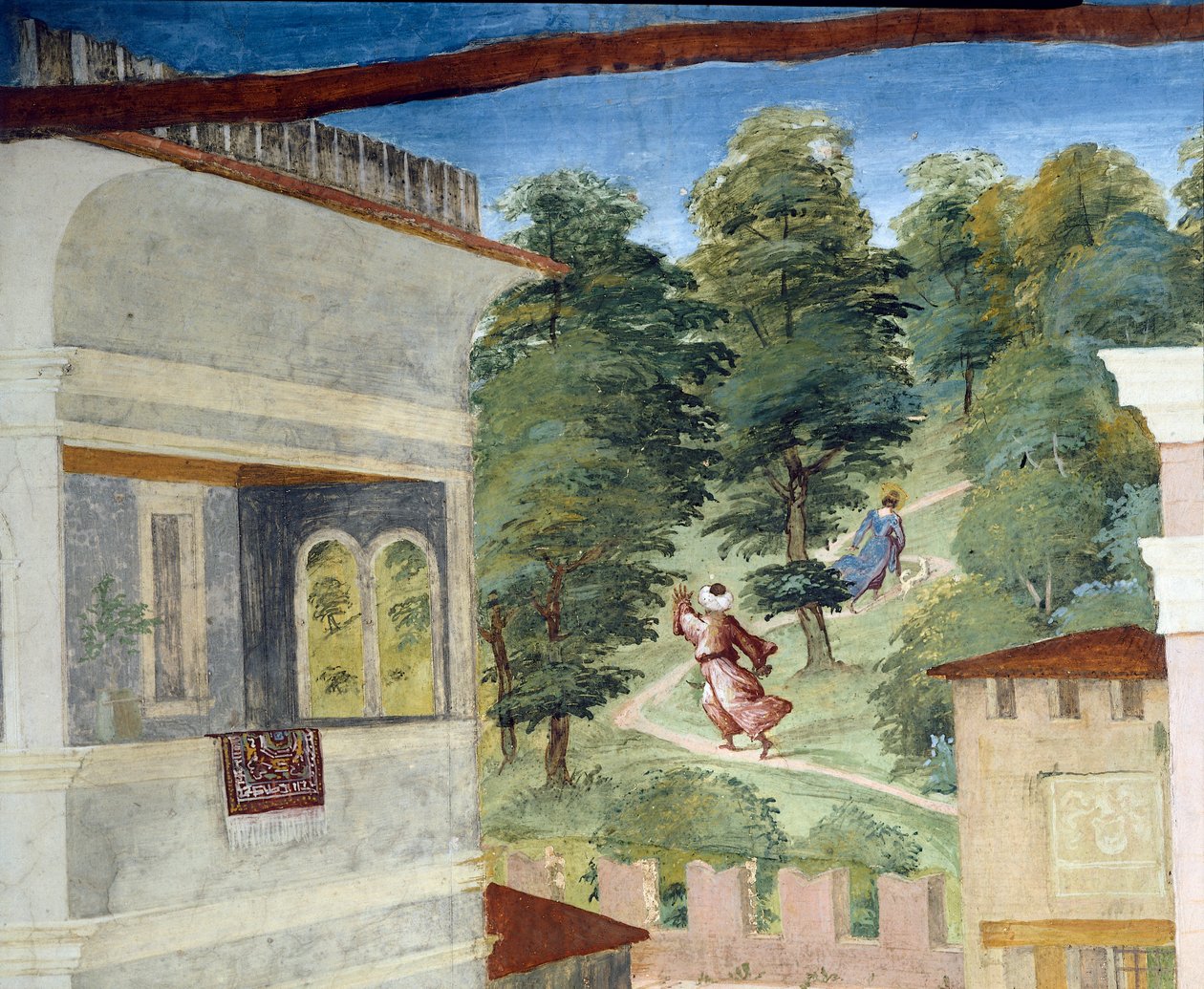 Saint Barbara blir jaget gjennom skogen, Christ-Vine og Legend of Saint Barbara av Lorenzo Lotto (ca 1480 - 1556), freskomaleri, detalj Villa Suardi, Suardi Chapel, Trescore Balneario, Italia av Lorenzo Lotto