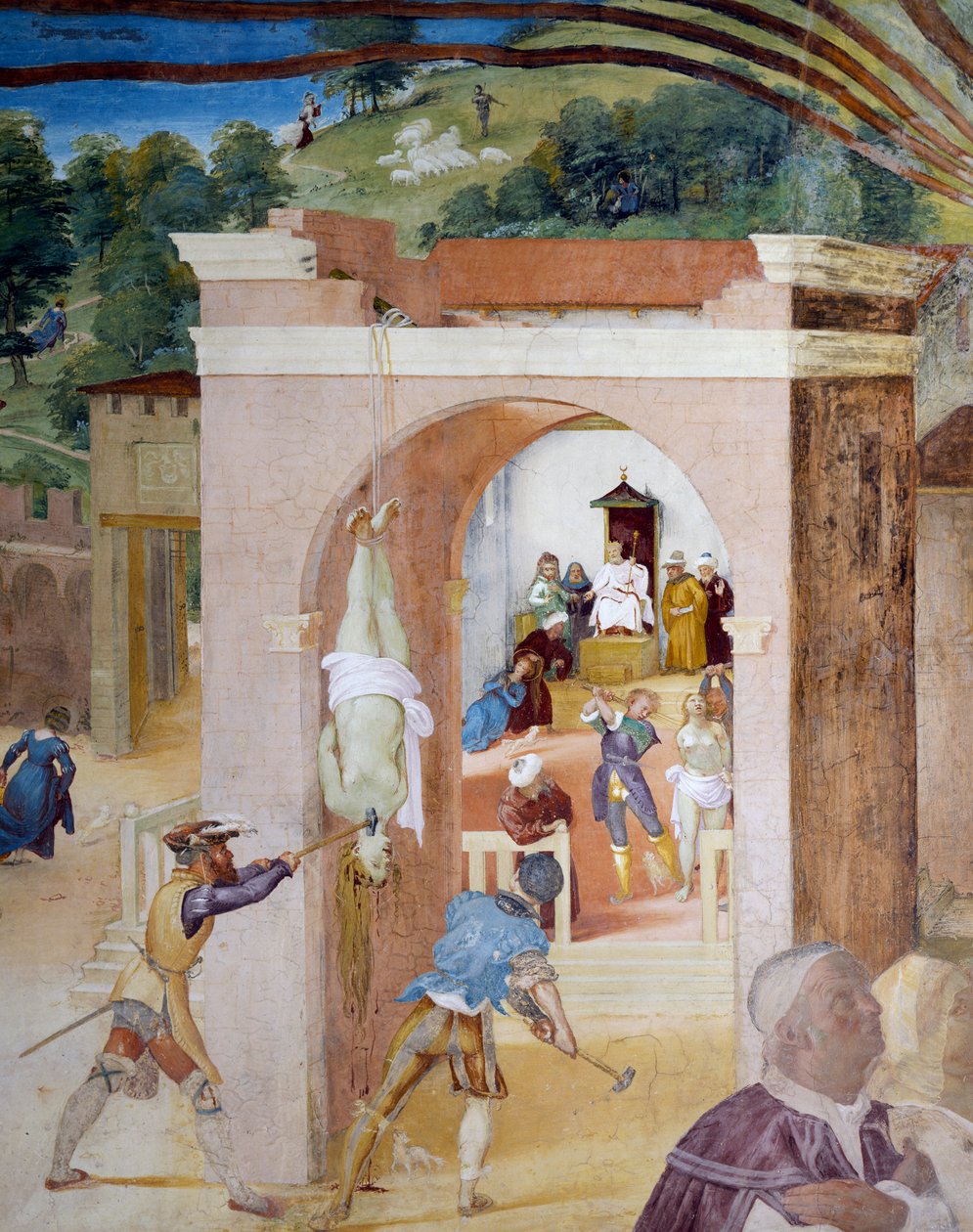 Santa Barbara for retten for sorenskriver Martian som beordrer å torturere henne, detalj fra Stories of Saint Barbara av Lorenzo Lotto