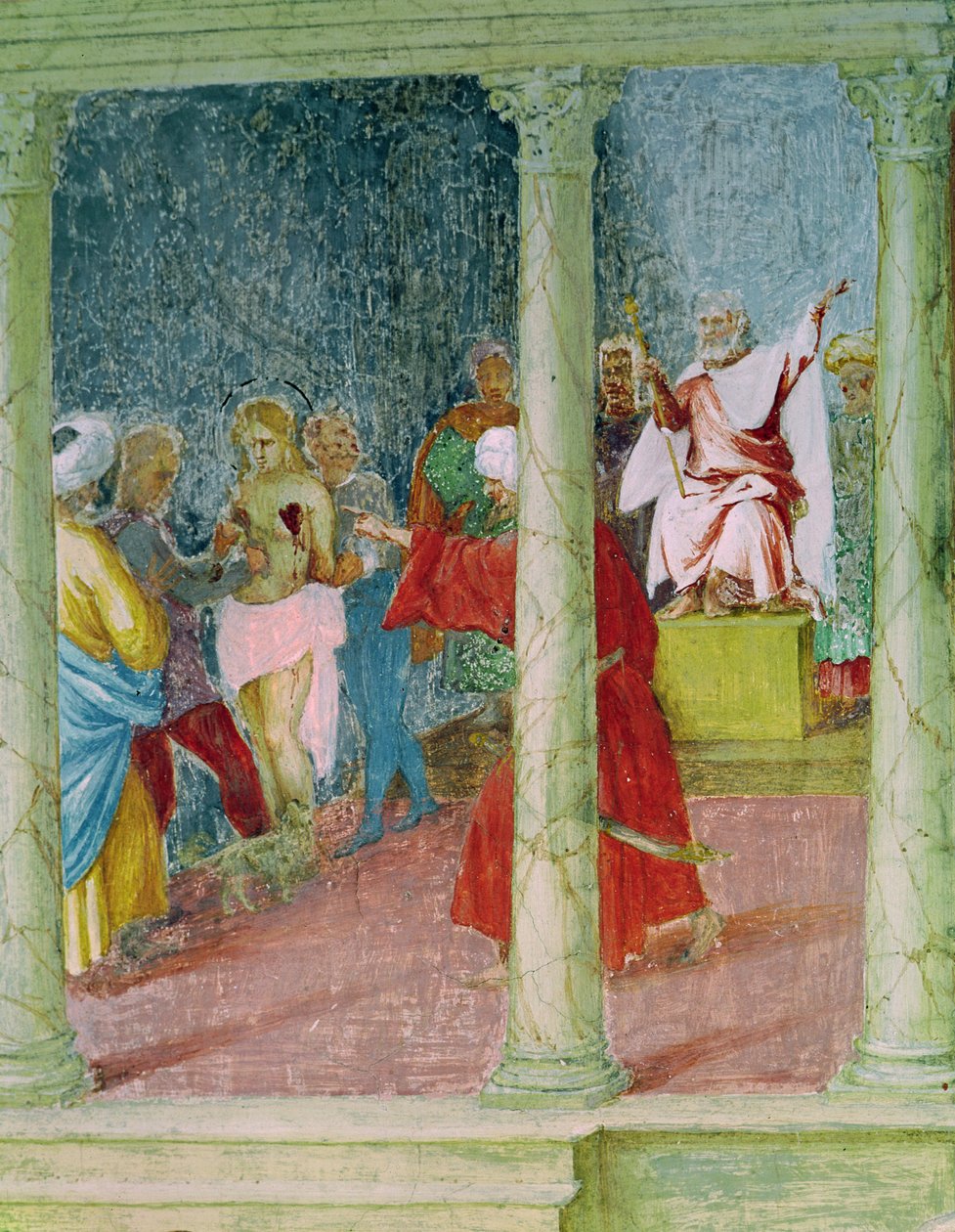 Scener fra St. Barbaras liv, detalj av St. Barbara for en dommer, 1523-24 av Lorenzo Lotto