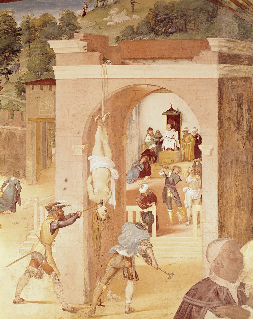 Scener fra St. Barbaras liv, detalj av St. Barbara overlevert til den romerske prelaten, Marcian, og deretter torturert, 1523-24 av Lorenzo Lotto