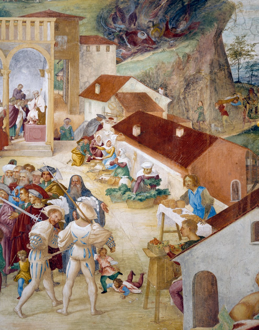 Soldater, vanlige mennesker og marked, detalj fra Stories of Saint Barbara av Lorenzo Lotto