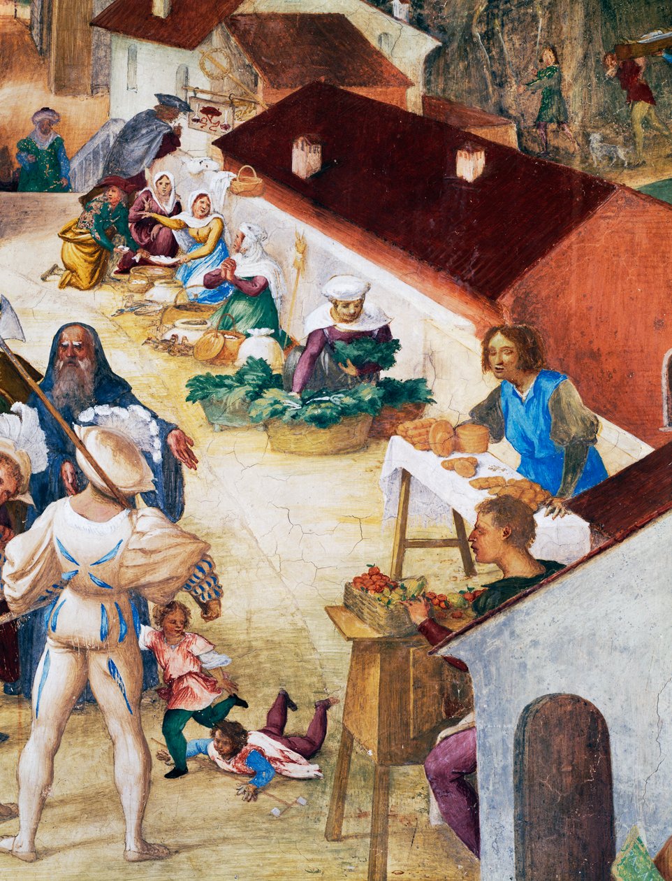 Soldater, bønder og marked, detalj fra Stories of Saint Barbara av Lorenzo Lotto