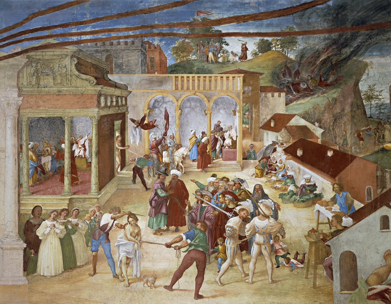 St Barbara ledes gjennom byens gater, detalj fra Christ-Vine og Legend of Saint Barbara av Lorenzo Lotto (ca. 1480 - 1556), fresco, detalj, Villa Suardi, Capella Suardi, Trescore Balneario av Lorenzo Lotto