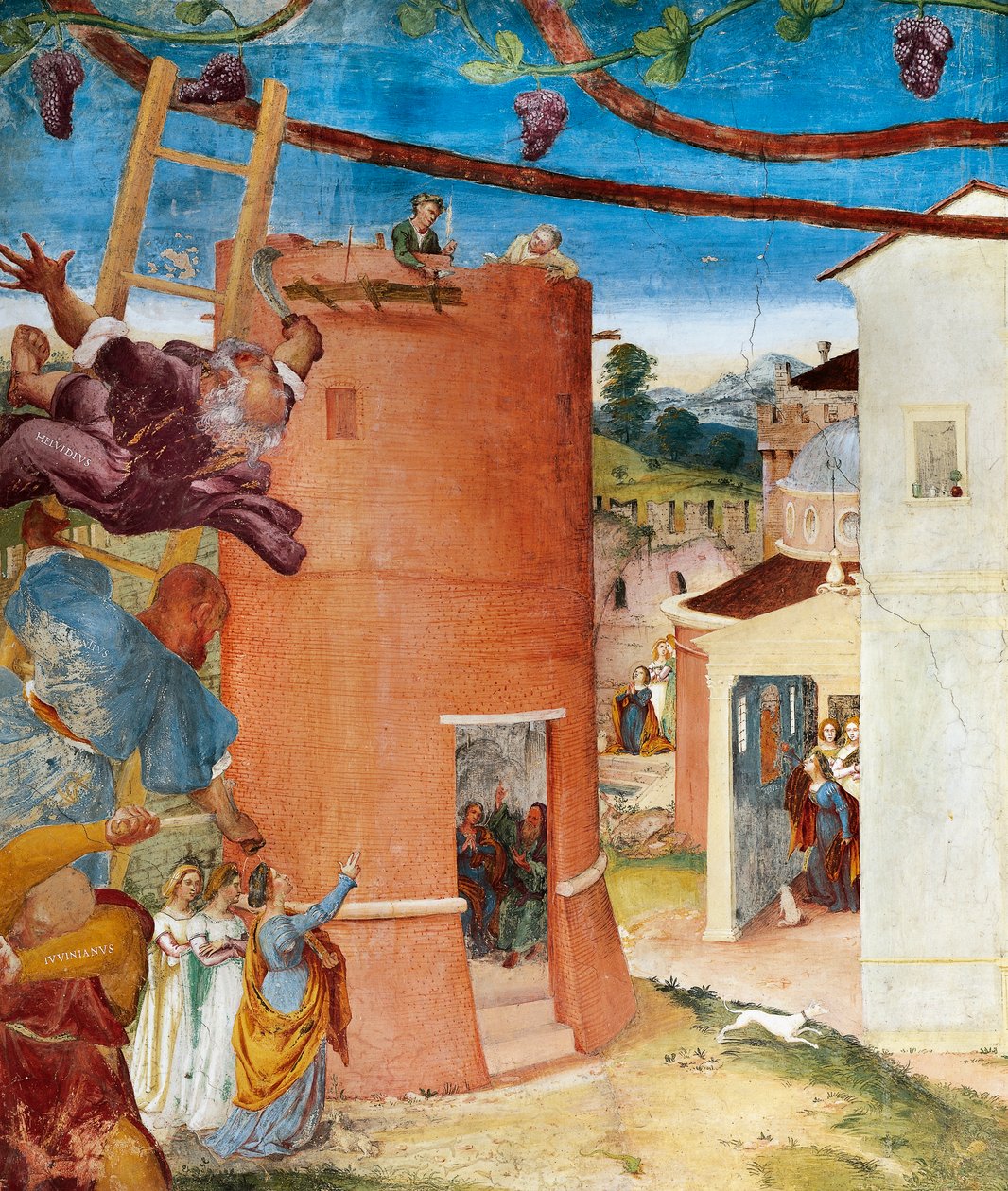 St Barbara i tårnet, detalj fra Christ-Vine and Legend of Saint Barbara av Lorenzo Lotto (cirka 1480 - 1556), fresco, detalj, Villa Suardi, Capella Suardi, Trescore Balneario av Lorenzo Lotto