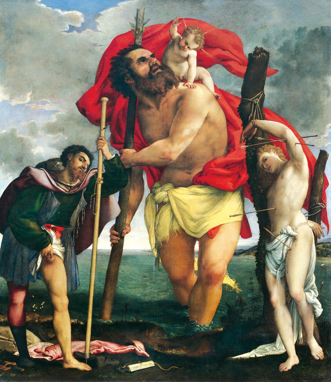 St Christopher mellom Saints Rocco og Sebastian av Lorenzo Lotto