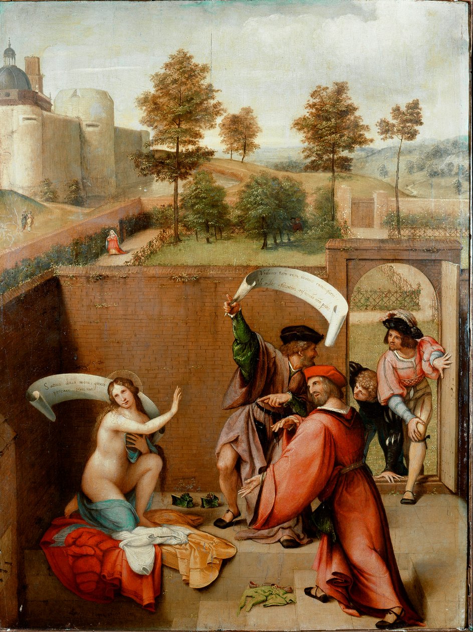 Suzanne i badekaret eller «Suzanne og de eldre». Karakterene bruker phykacteres eller er skrevet tekstene deres. Maleri av Lorenzo Lotto (1480-1556) 1517. Galleria degli Uffizi (kontorer) Firenze av Lorenzo Lotto