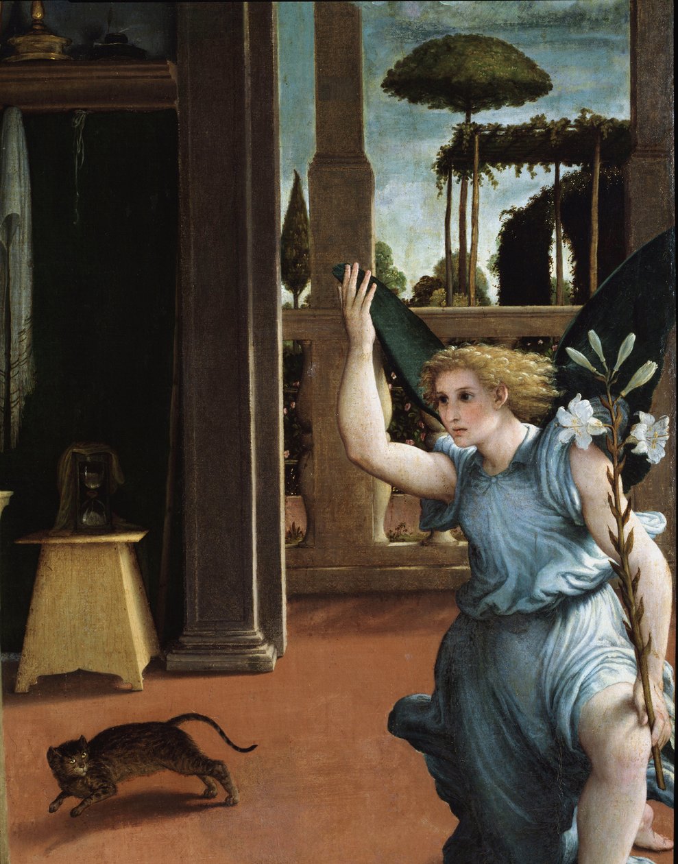 Bebudelsen, detalj av engelen av Lorenzo Lotto