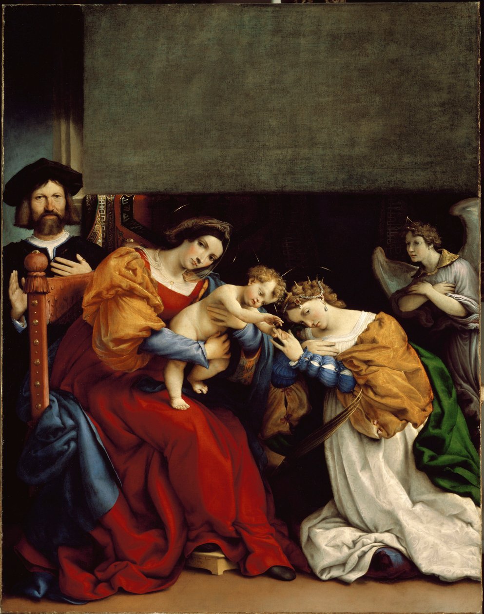 St. Katarinas mystiske ekteskap Det mystiske bryllupet til St. Katarina av Alexandria» Til venstre Niccolo Bonghi, malerens utleier. Maleri av Lorenzo Lotto (ca. 1480-1556) 1523 Dim. 189 x 134 cm Bergamo, Accademia Carrara av Lorenzo Lotto