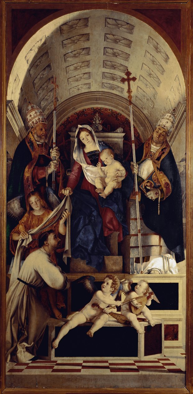Jomfruen og barnet med Saint Dominica, Saint Gregoire og Saint Urban - Sentral del av Recanati polyptic (1508, olje på tre) av Lorenzo Lotto