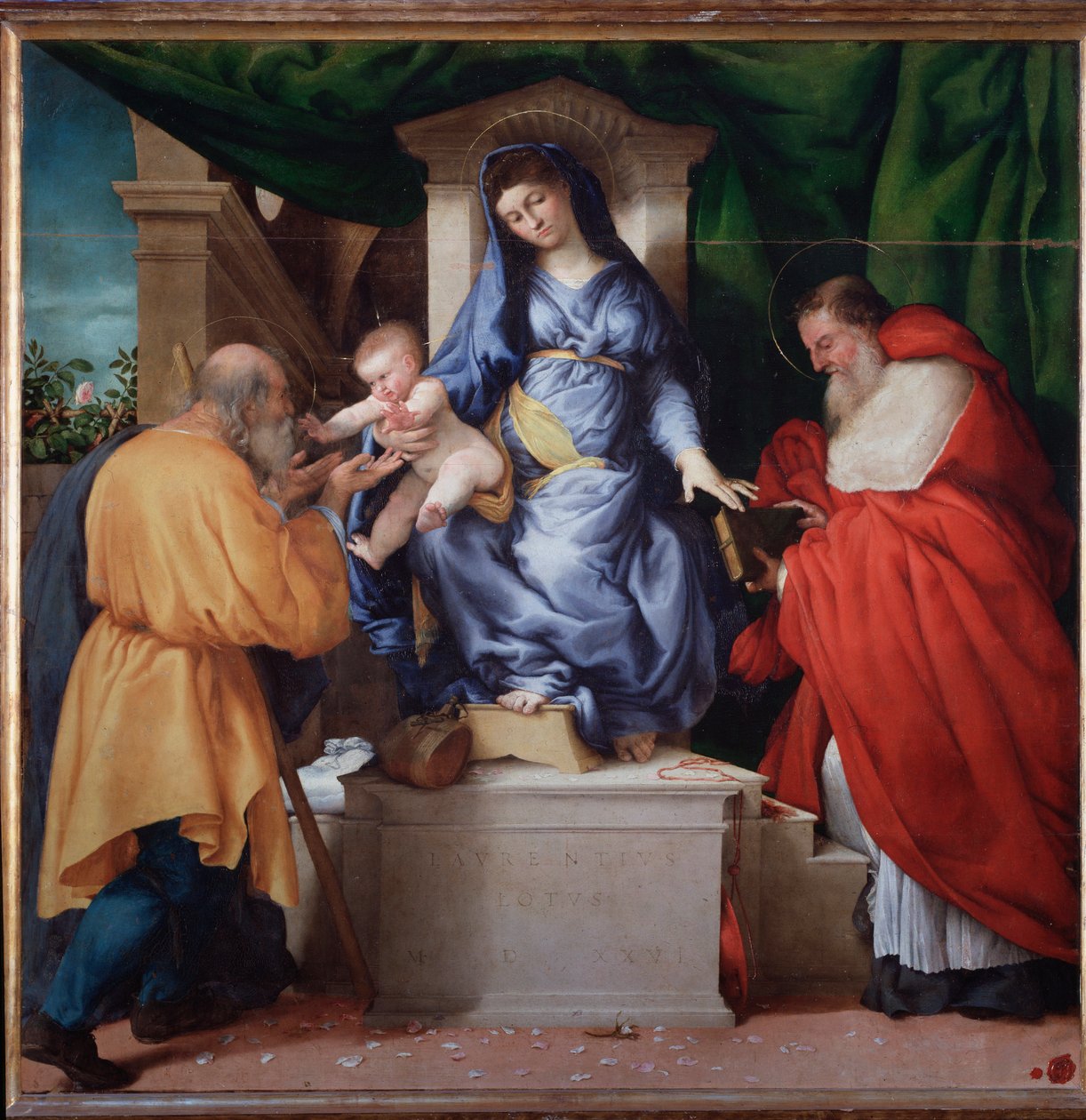 Jomfru med barn med St Jerome og St Joseph (kalt Madonna delle Rose) - Maleri av Lorenzo Lotto