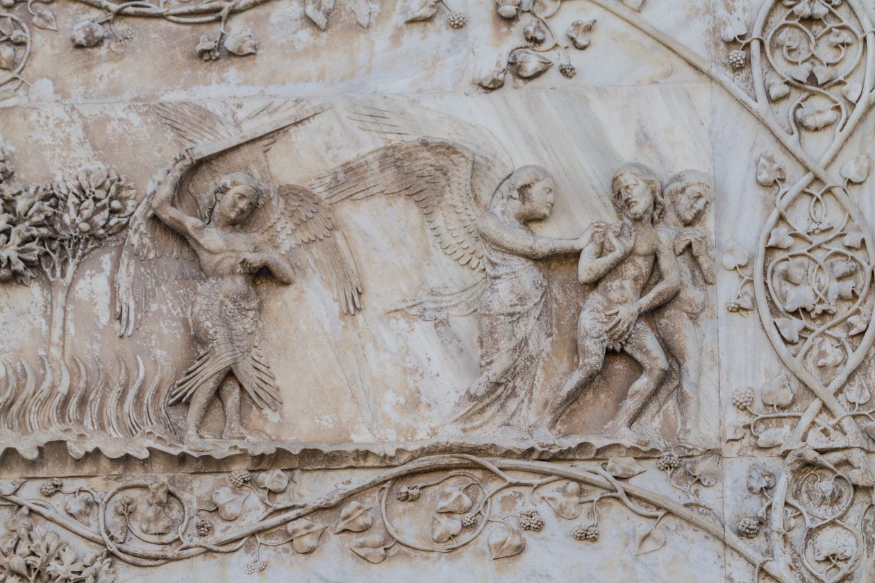 Utvist fra Eden, detalj fra Stories of Genesis, basrelieffer av Lorenzo Maitani (før 1275-1330), første søyle, sidefasade til Orvieto-katedralen, Umbria, Italia av Lorenzo Maitani