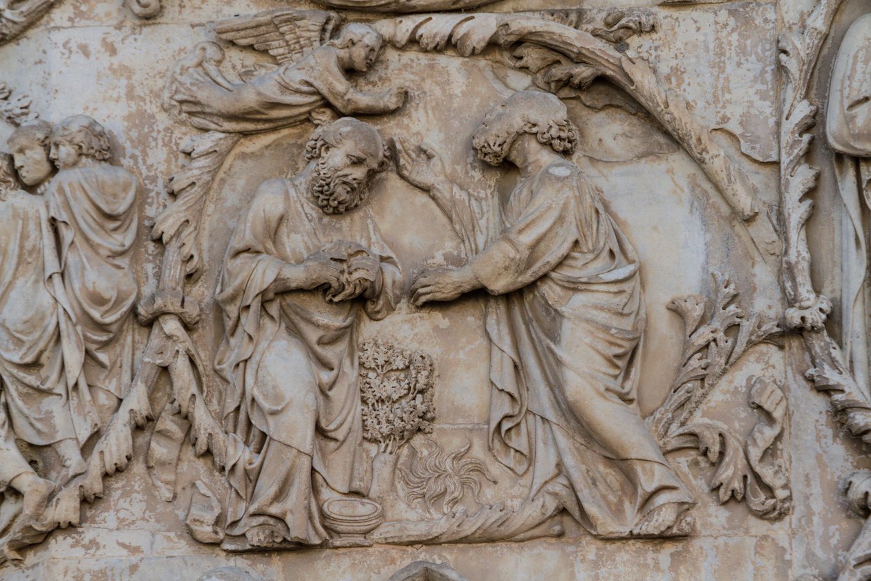 Gideon vriende fleece, detalj fra Jesse-tre og messianske profetier, Stories of Genesis, basrelieffer av Lorenzo Maitani (før 1275-1330), andre søyle, fasade til Orvieto-katedralen, Umbria, Italia av Lorenzo Maitani