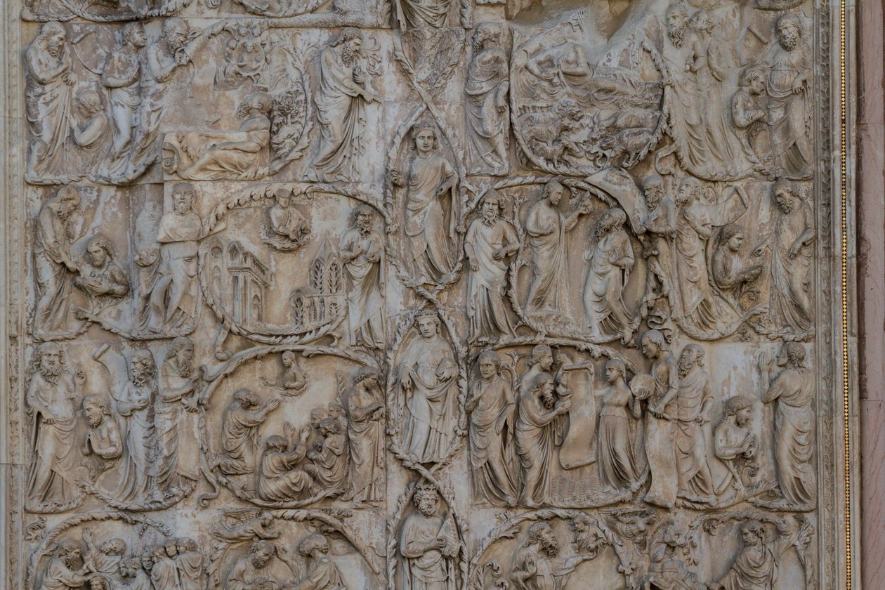 Jesse-tre og messianske profetier, Stories of Genesis, basrelieffer av Lorenzo Maitani (før 1275-1330), andre søyle, fasade til Orvieto-katedralen, Umbria, Italia av Lorenzo Maitani