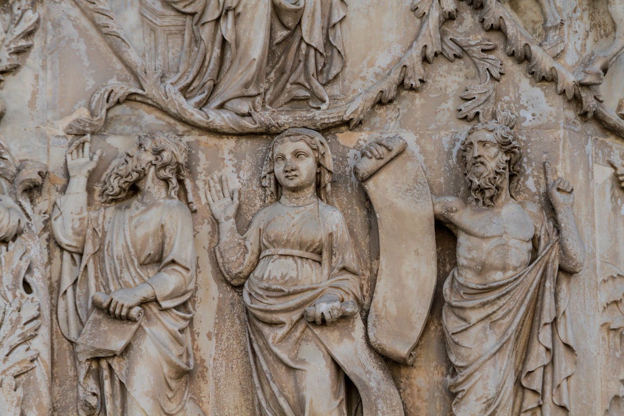 Profeter, detaljer fra Jesse-treet og messianske profetier, Stories of Genesis, basrelieffer av Lorenzo Maitani (før 1275-1330), andre søyle, fasade til Orvieto-katedralen, Umbria, Italia av Lorenzo Maitani