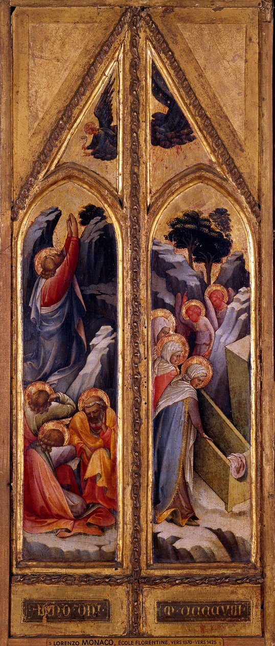 Jesus ved Oljeberget og de hellige kvinnene ved Diptych-graven til Lorenzo Monaco (1365/70-1425). Mål: 0,66 x 0,26 m. Paris, Musée du Louvre av Lorenzo Monaco