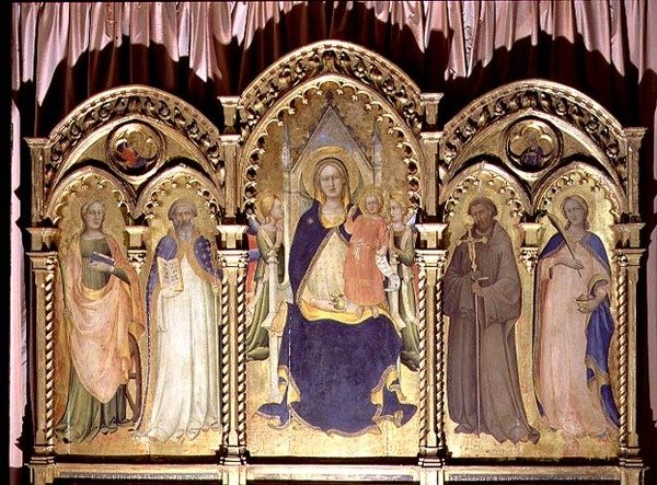 Madonna og barn tronet med SS. Lucy, John Gualberto, Benedict og Catherine, polyptyk 1413 av Lorenzo Monaco