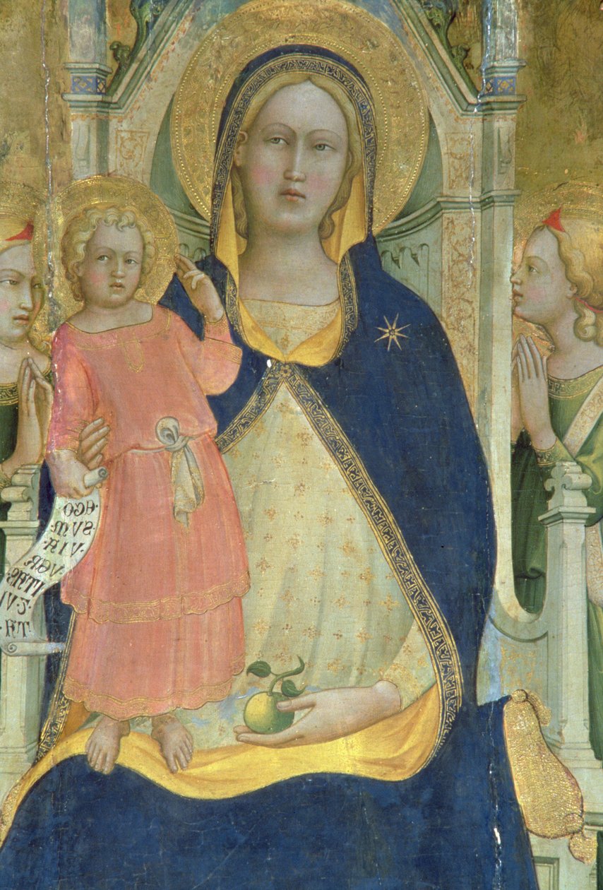Madonna og barn tronet med hellige, detalj som viser Madonna og barnet, polytych, 1413 av Lorenzo Monaco