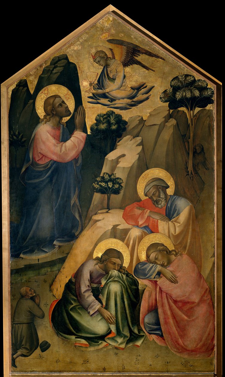 Bønn i Oljehagen Kristus i bønn ser engelen som bærer ham den hellige gral og kunngjør hans død. Apoterne til St. Peter, St. John og St. James sover. Maleri på tre av Lorenzo Monaco (ca. 1370-ca. 1423/1424) Firenze, Galler av Lorenzo Monaco