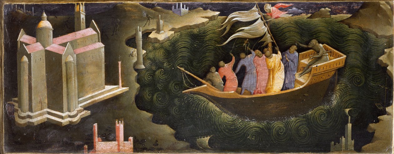 Representasjon av Saint Nicholas som beroliger Tempete Nicolas de Myra (eller Nicolas de Bari) som redder en båt fra forliset. Maleri på tre av Lorenzo Monaco (ca. 1370-ca. 1423/1424) Firenze, Galleria del 