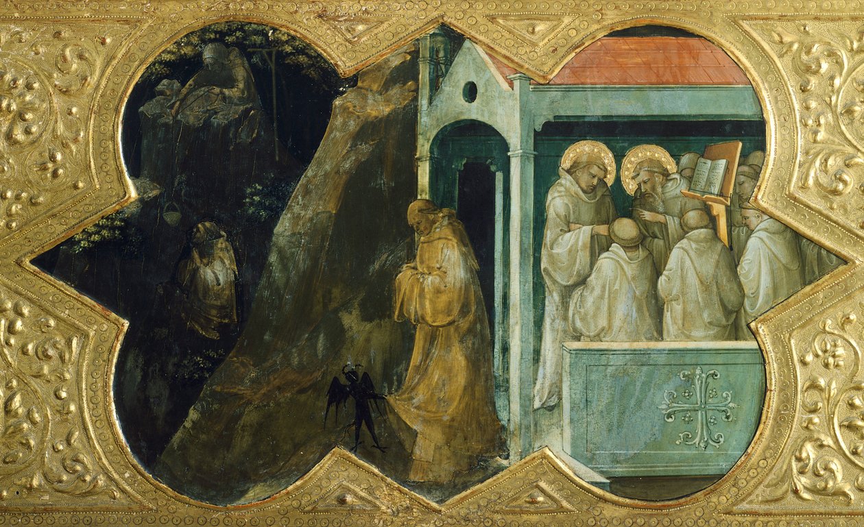 St. Benedict blir fristet av djevelen og St Bernardino i konsistoriet, detalj av predella av Jomfrukroningen av Lorenzo Monaco (1370-1423), tempera på panel, 450x350 cm, Polyptyk for høyalteret til klosteret Santa Maria degli Angeli, Firenze av Lorenzo Monaco