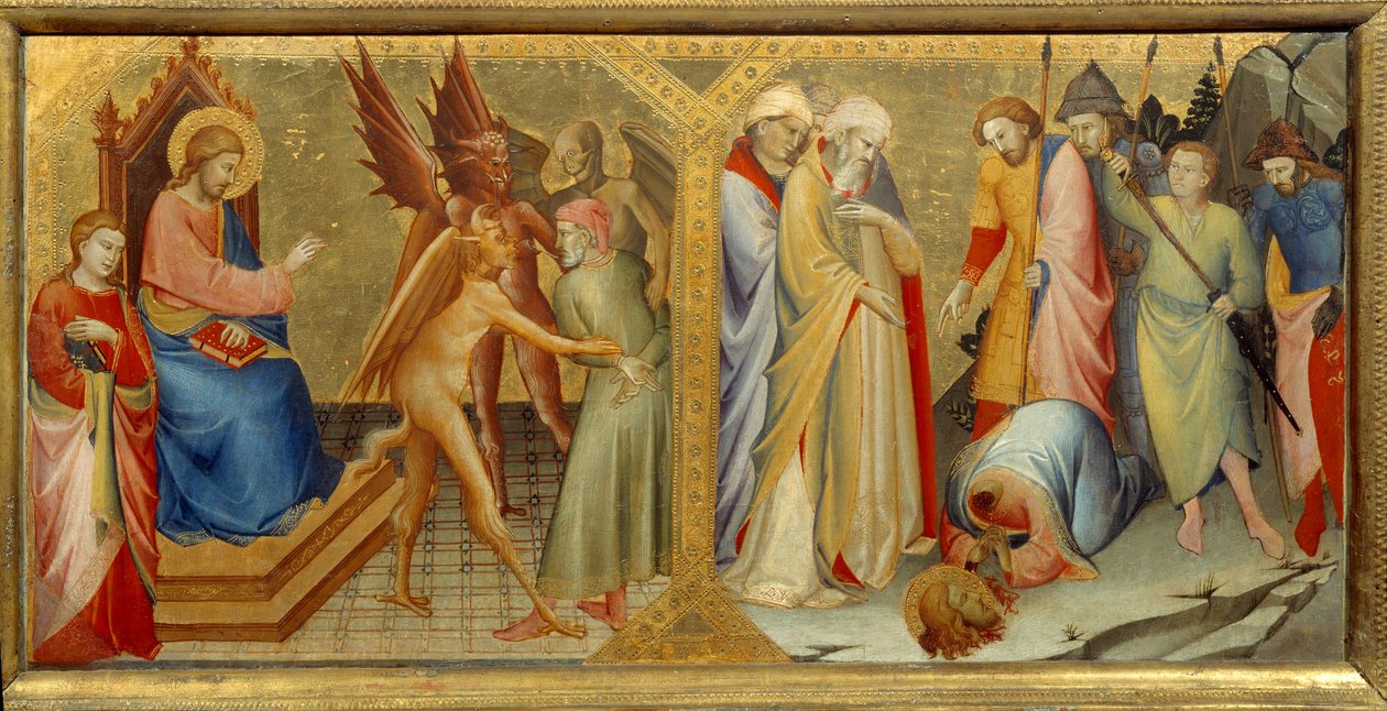 Møtet mellom Saint James the Major og Hermogene hans martyr. Hermogene er en eldgammel gresk planlegger og arkitekt (sent 3. århundre-begynnelsen av 2. århundre f.Kr.). Predelle av altertavlen til Nobili-kapellet i kirken Santa Maria degli Angeli i av Lorenzo Monaco