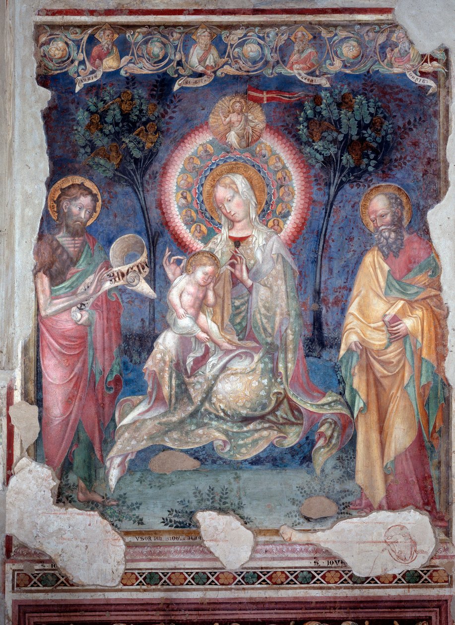 Jomfru med barn omgitt av apostelen Jakob og døperen Johannes (Fresco av Lorenzo Salimbeni