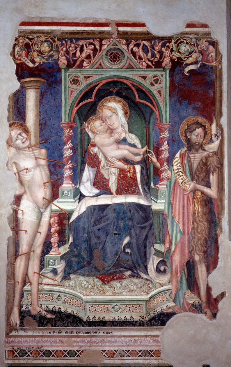 Jomfru med barn omgitt av St Sebastian og St John Baptist (Fresco av Lorenzo Salimbeni