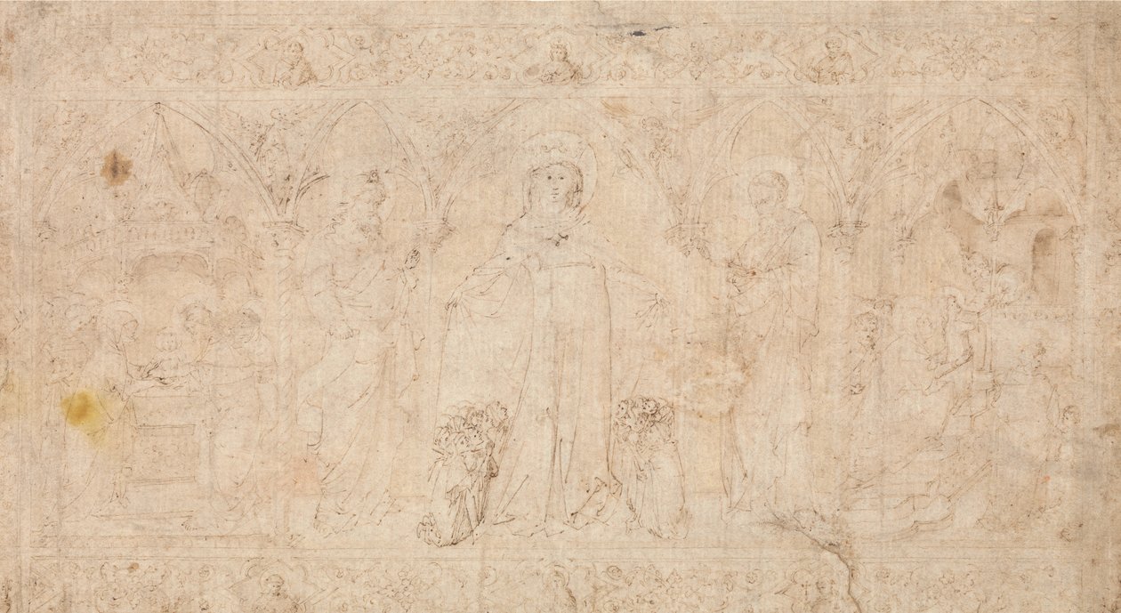 Design for et antependium: Madonna della Misericordia med de hellige døperen Johannes..., ca.1370. av Lorenzo Veneziano.