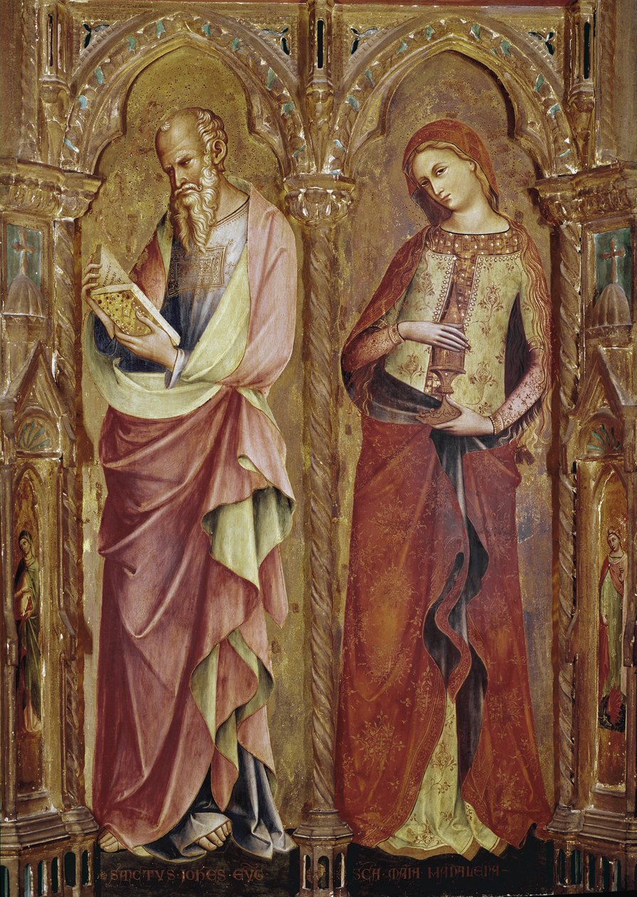 Evangelisten Johannes og Maria Magdalena - Detalj av bebudelsens polyptyk (1357, tempera og bladgull på tre) av Lorenzo Veneziano