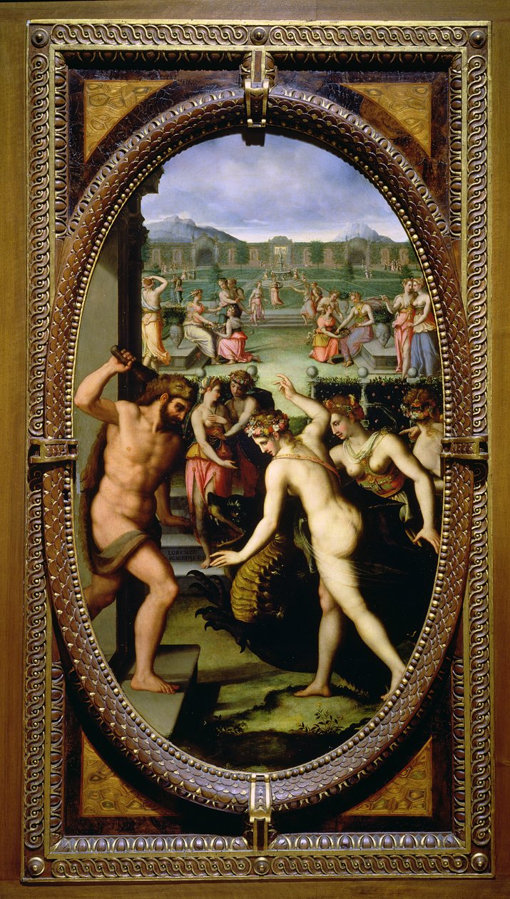 Hercules dreper dragen fra Hesperides, 1572 (olje på skifer) av Lorenzo dello Sciorina