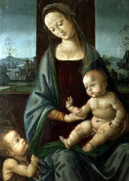Madonna og barn med spedbarnet St. Johannes døperen av Lorenzo di (workshop of) Credi