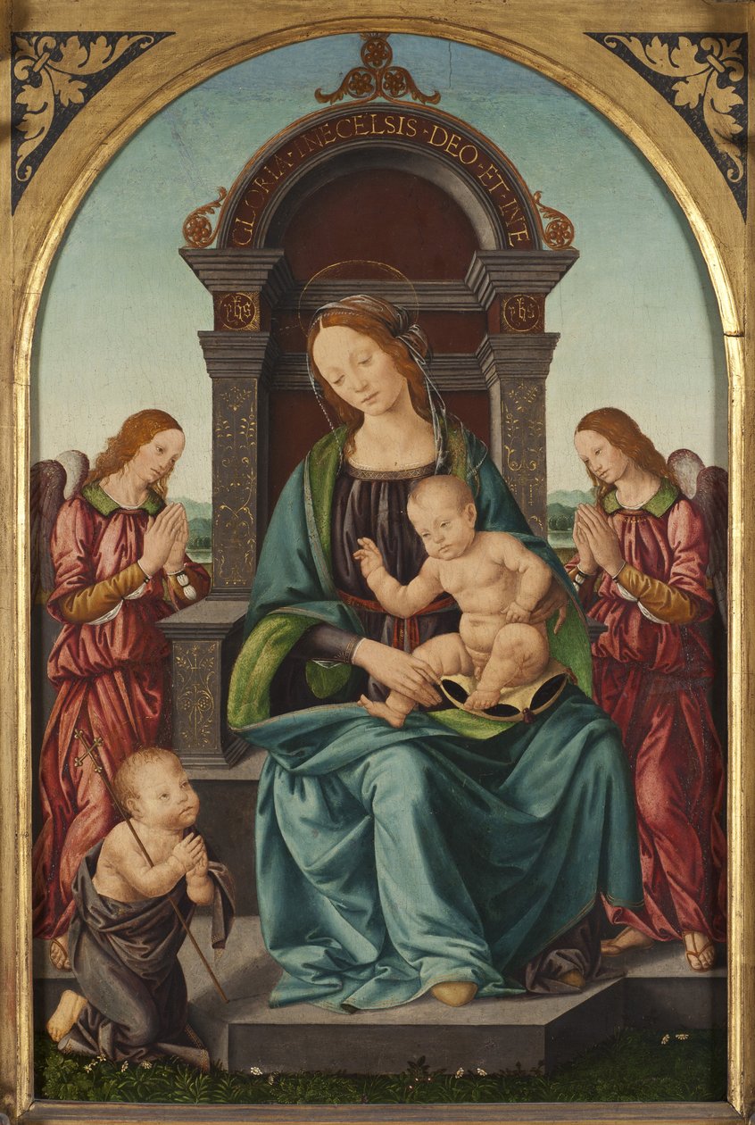 The Madonna and Child with the Infant Saint John the Baptist and Two Angels - The Madonna and Child with the Infant Saint John and Two Angels, av Lorenzo di Credi (1459-1537). Olje på tre. Størrelse: 66,5x43,5cm. Nationalmuseum Stockholm av Lorenzo di Credi