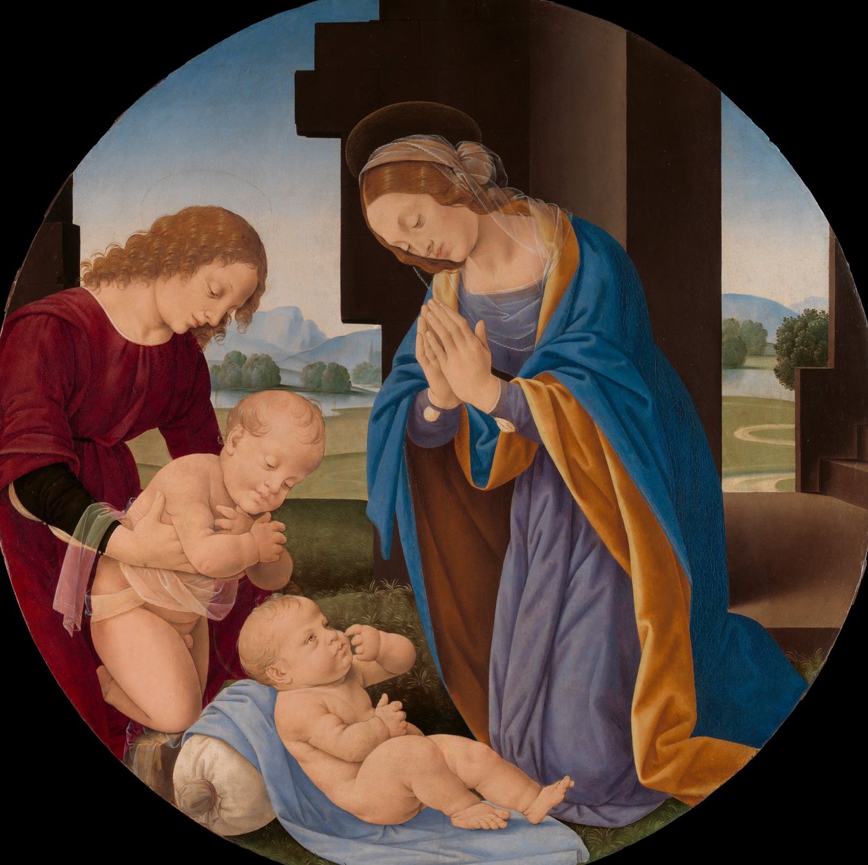 Madonna tilbeder barnet med spedbarnet Døperen Johannes og en engel, tidlig på 1490-tallet. av Lorenzo di Credi