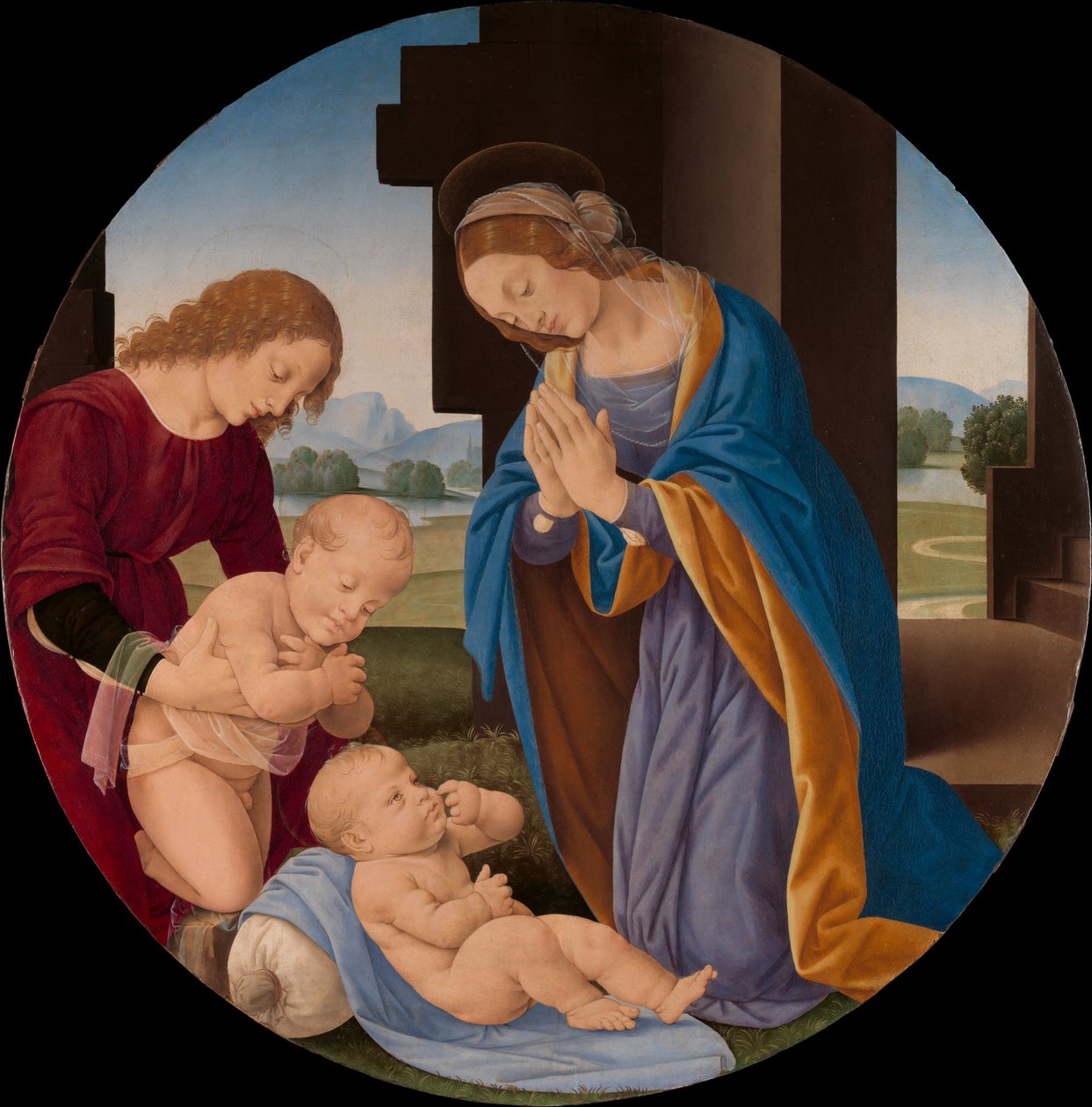 Madonna tilbeder barnet med spedbarnet Døperen Johannes og en engel, ca. 1492 (tempera på tre) av Lorenzo di Credi