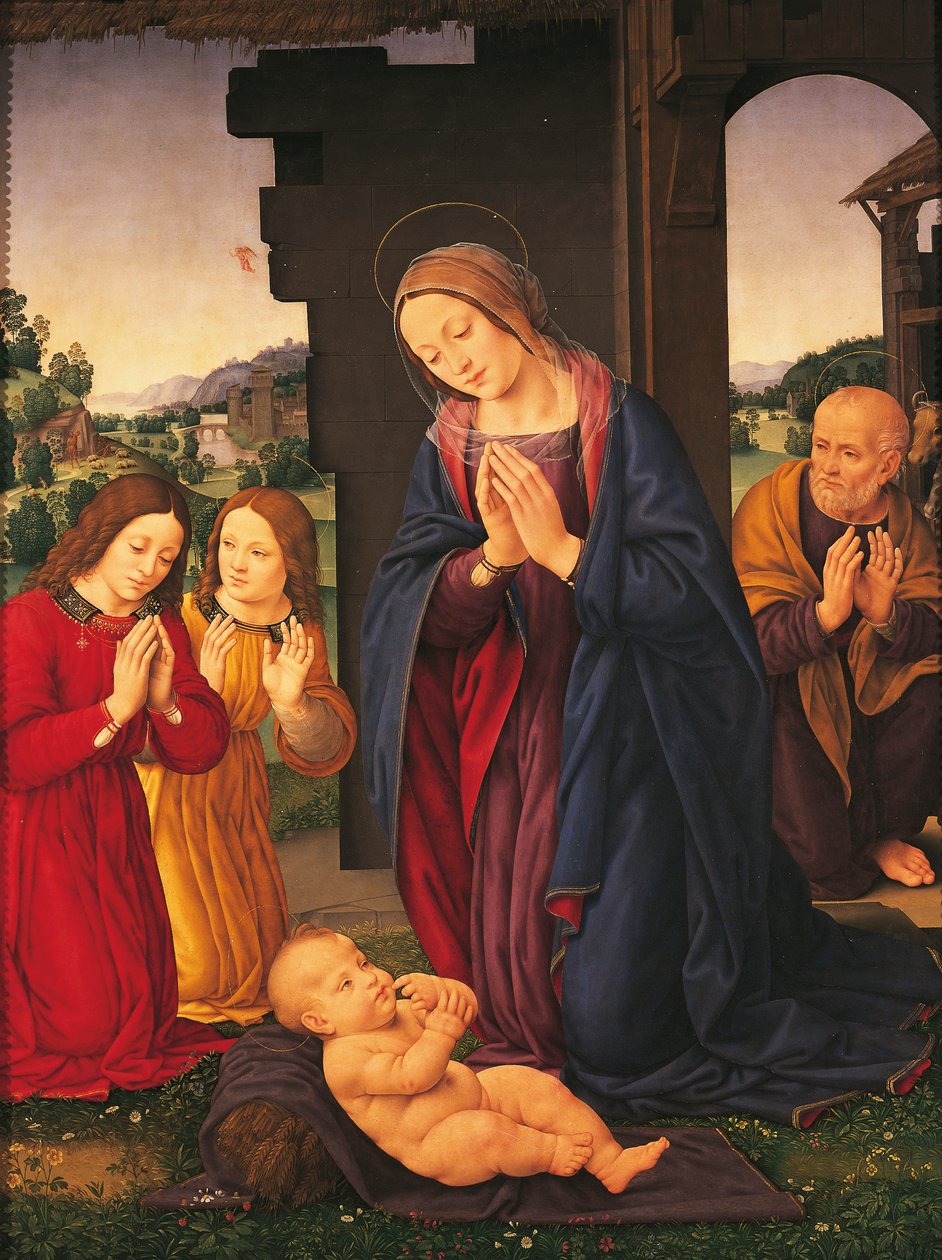 The Adoration of the Child and Angels, av Lorenzo di Credi (1459-1536), tempera på lerret av Lorenzo di Credi