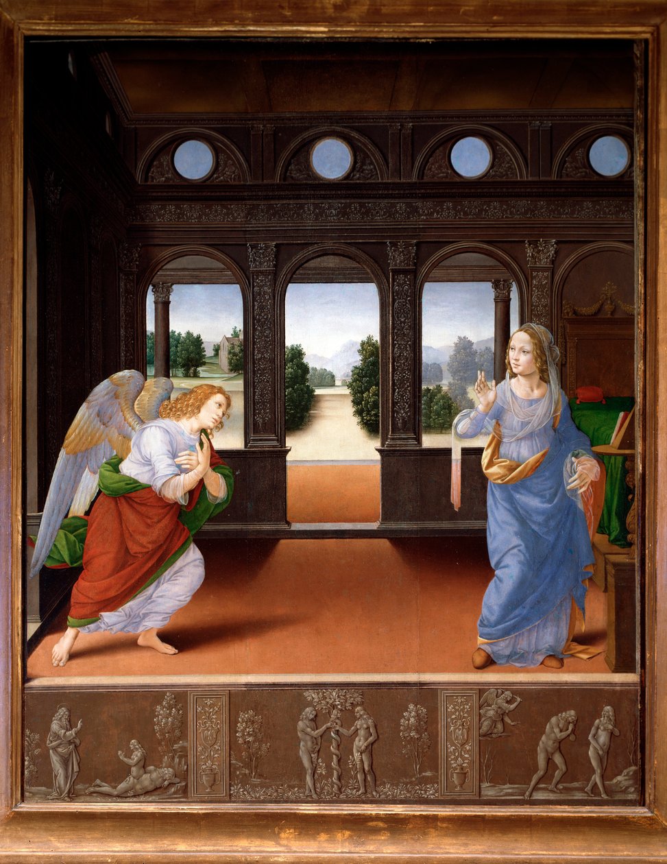 Bebudelsen og historien om Adam og Eva - Olje på lerret, ca. 1480 av Lorenzo di Credi