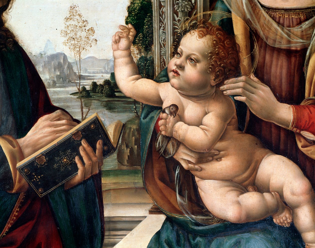 Jomfru med barn og to helgener, den hellige Matteus og den hellige Hieronymus (Jomfru med barnet og to helgener, den hellige Matteus og den hellige Hieronymus) Detalj Maleri av Lorenzo di Credi (1459-1537) Firenze, kirken santo Spirito Italia av Lorenzo di Credi