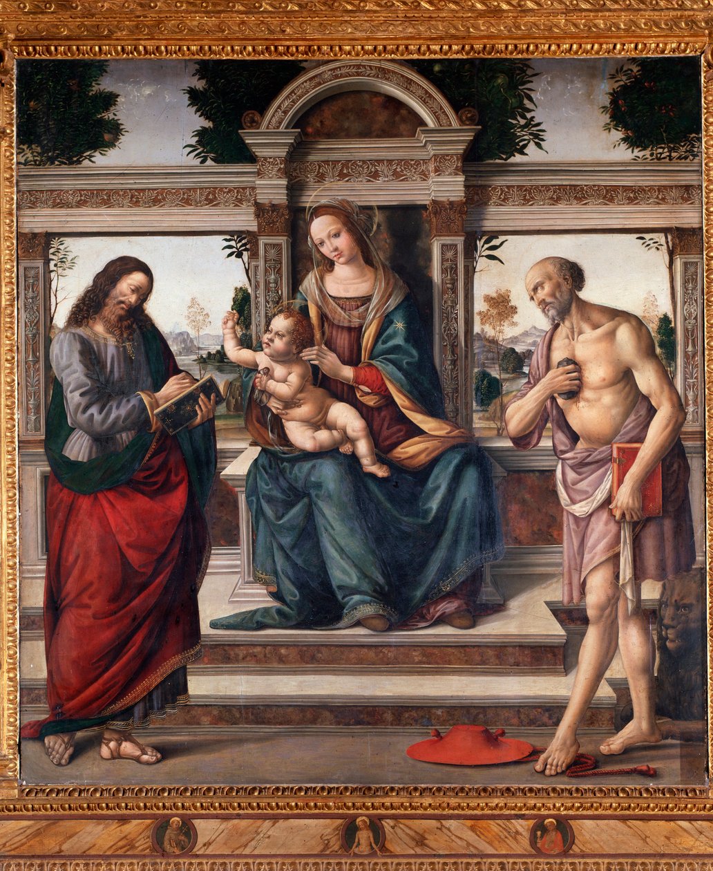 Jomfru med barn og to helgener, den hellige Matteus og den hellige Hieronymus Maleri av Lorenzo di Credi (1459-1537) Firenze, kirken santo Spirito Italia av Lorenzo di Credi