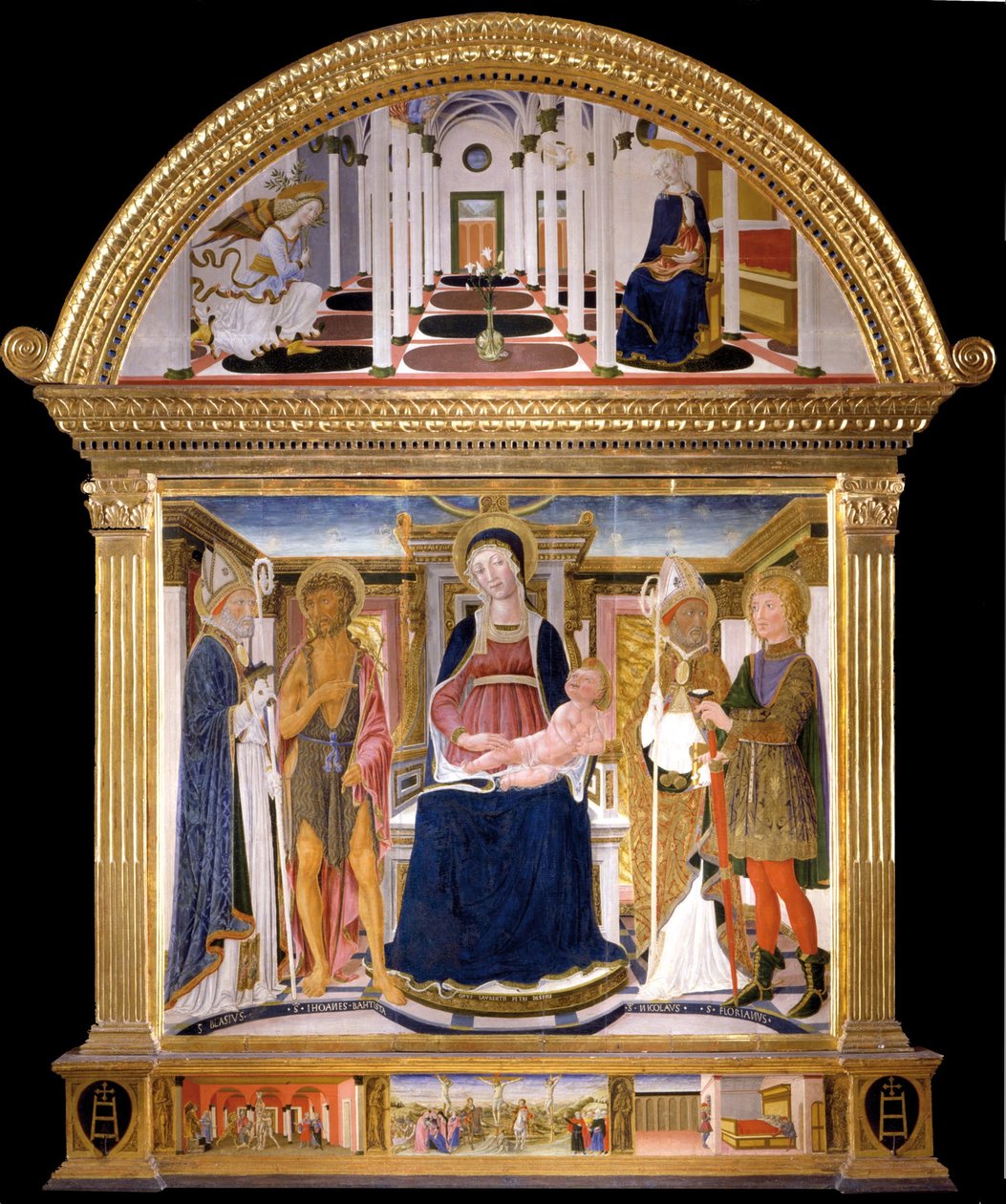 Madonna med barnet og de hellige Blaise, døperen Johannes, Nicholas og Florian. Bebudelsen, 1462 av Lorenzo di Pietro
