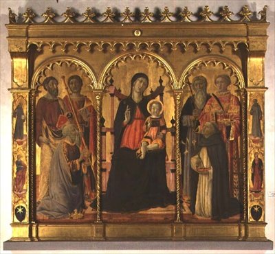 Madonna og barn tronet med hellige (triptych) av Lorenzo di Pietro Vecchietta