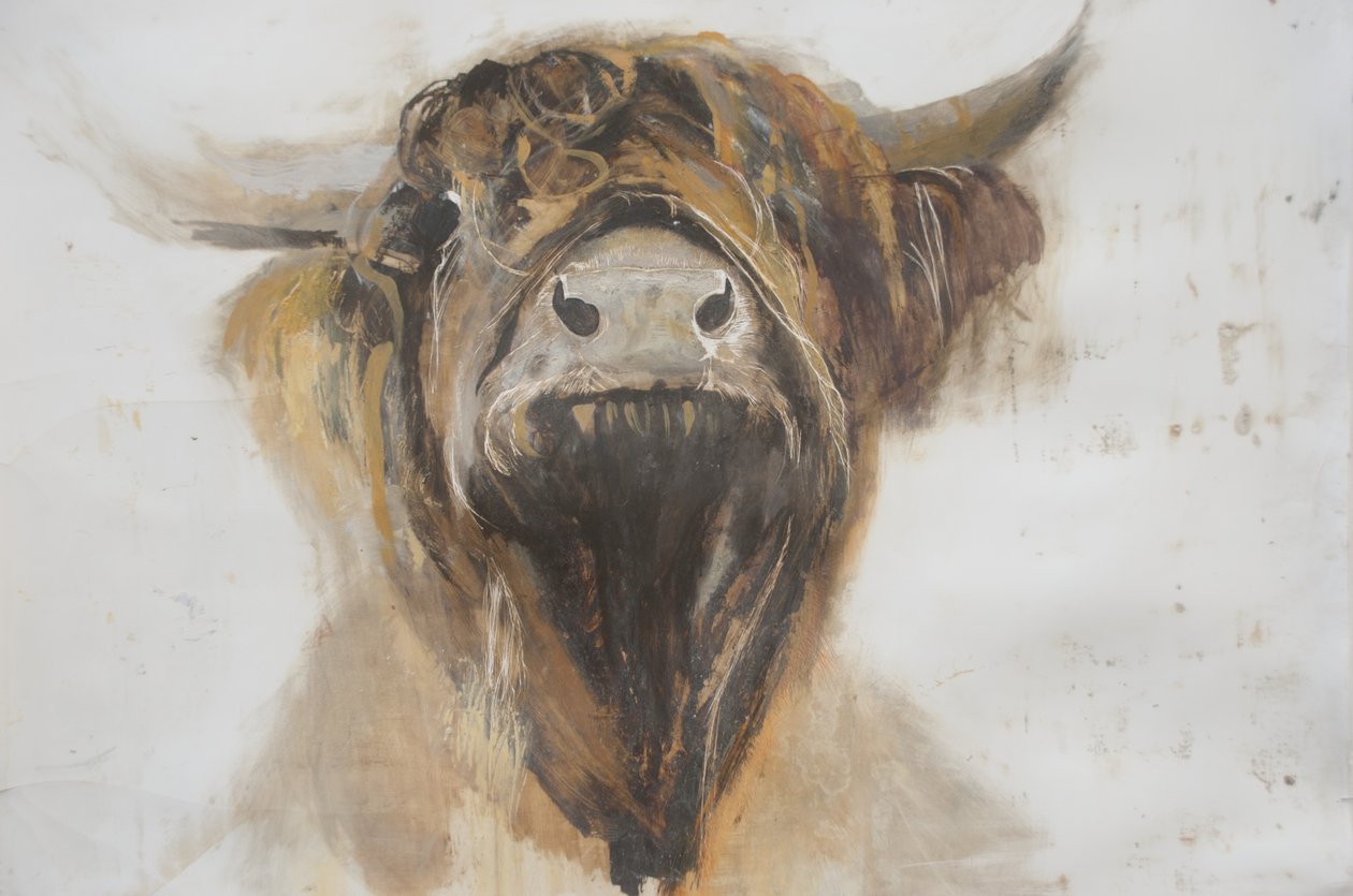 Holy Cow, 2016, (olje på gesso på papir) av Lou Gibbs